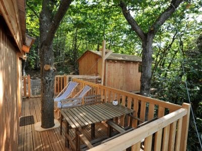 Cabane perchée en bois avec terrasse, entourée darbres verdoyants.