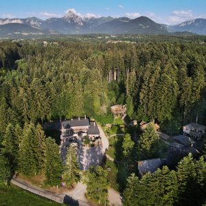 Charmant chalet en bois entouré de forêts verdoyantes et de montagnes majestueuses.