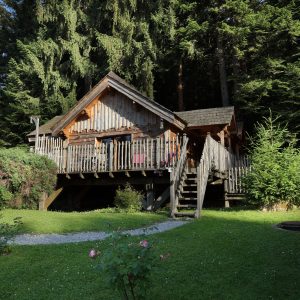 Chalet en bois niché dans la forêt, avec une terrasse en bois et un jardin verdoyant.