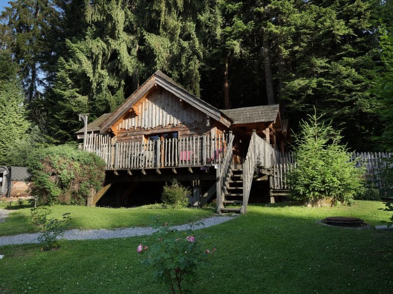Chalet en bois niché dans la forêt, avec une terrasse en bois et un jardin verdoyant.