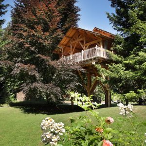 Cabane dans les arbres entourée de verdure, avec un balcon en bois accueillant.