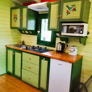 Cuisine colorée dun hébergement insolite en Bourgogne, avec des meubles verts et bois.