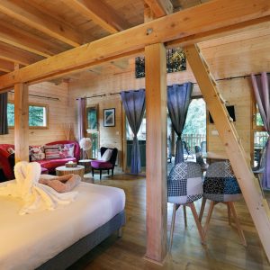 Chalet en bois avec lit douillet, salon cosy et grandes fenêtres lumineuses.