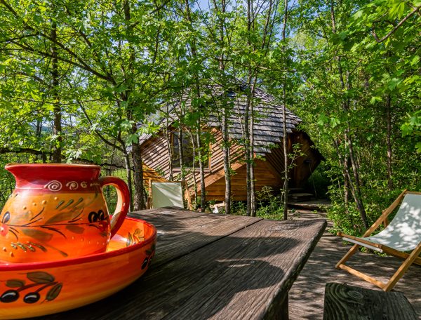 Charmante cabane en bois entourée darbres, avec une tasse colorée sur la table.