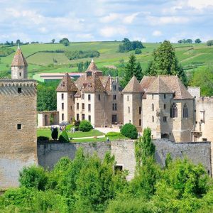 Château médiéval en Bourgogne, entouré de verdure et de collines pittoresques.