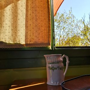Hébergement insolite en Bourgogne, avec une belle lumière filtrée et une carafe vintage.