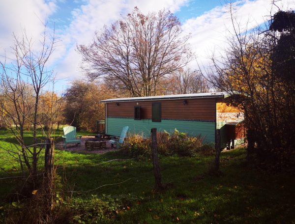 Chalet en bois entouré de verdure, avec chaises extérieures et feu de camp.