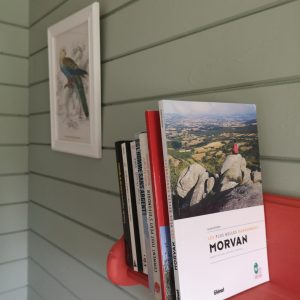Hébergement insolite en Bourgogne avec étagère colorée et livres sur le Morvan.