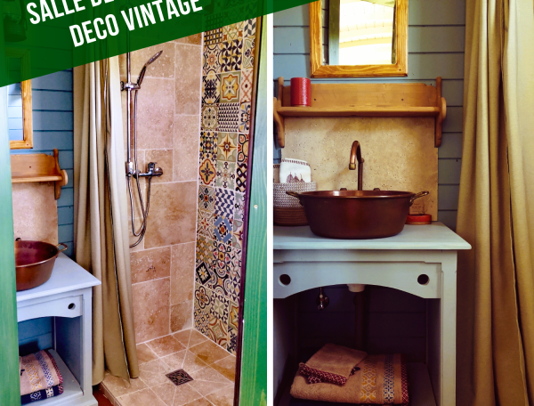 Salle de douche vintage avec carrelage coloré et lavabo en cuivre.