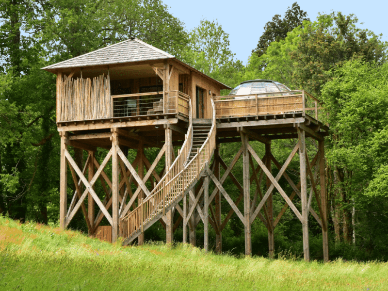 Cabane perchée sur pilotis, entourée de verdure, avec un balcon et un dôme en verre.