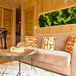 Hébergement insolite en Bretagne : chalet en bois avec un salon chaleureux et des coussins colorés.