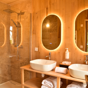 Salle de bain moderne en bois avec deux vasques dans un hébergement insolite en Bretagne.