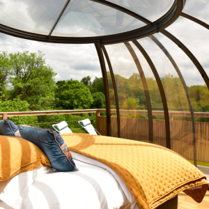 Dôme transparent en Bretagne, offrant une vue imprenable sur la nature environnante.