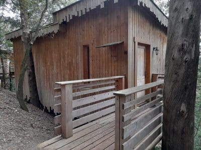 Cabane en bois perchée, entourée darbres, avec une terrasse en bois accueillante.