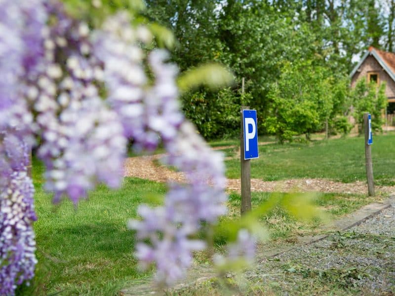Charmante maison de campagne avec parking, entourée de fleurs violettes.