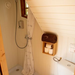 Salle de bain dun hébergement insolite en bois, avec douche et toilettes modernes.
