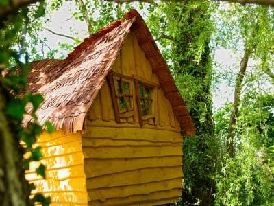 Cabane en bois perchée, toit en ardoise, entourée de verdure luxuriante.