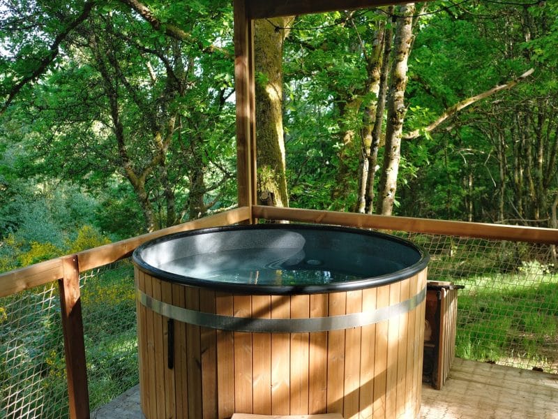 Hébergement insolite en Alsace avec un jacuzzi en bois entouré de verdure.