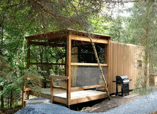 Cabane en bois dans les arbres, entourée de verdure, avec un espace barbecue.