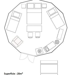 Hébergement insolite en Auvergne : un espace octogonal de 20 m² avec lit et coin salon.