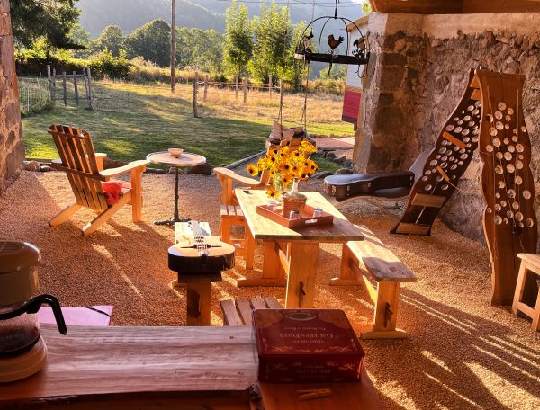 Gîte rustique avec terrasse en bois, vue sur la nature et décoration chaleureuse.