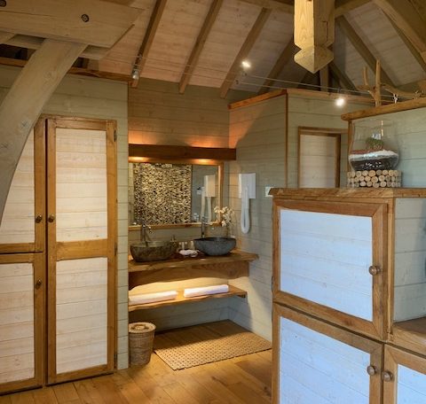 Cabane en bois avec salle de bain chaleureuse et décor naturel.