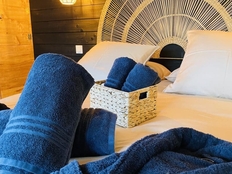 Chambre dhôtes élégante avec linge de bain bleu et tête de lit en rotin.