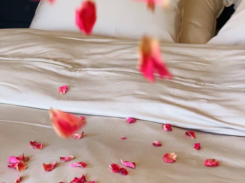 Chambre romantique en hébergement insolite, pétales de rose sur le lit.