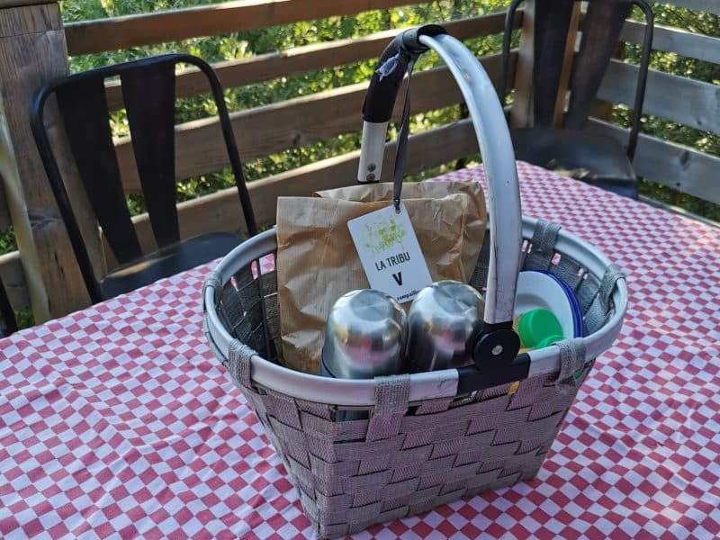 Panier pique-nique sur une table à carreaux, idéal pour un séjour en nature.