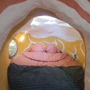 Hébergement insolite à Limousin : chambre ronde avec lit douillet et murs colorés.