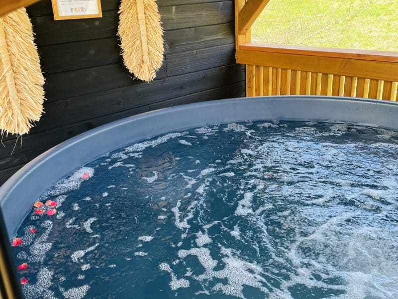 Hébergement insolite avec jacuzzi, entouré de nature et décoré de feuilles.