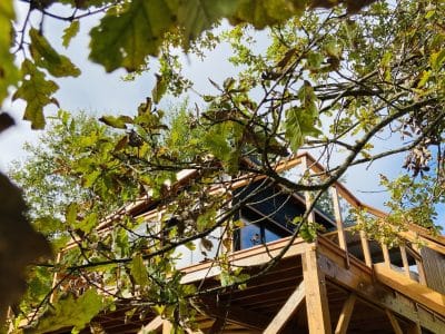 Cabane perchée en bois, entourée de feuillage verdoyant à Midi-Pyrénées.