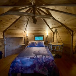 Cabane en bois chaleureuse avec lit douillet et vue sur la nature.