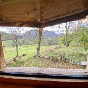 Vue depuis un chalet en bois, offrant un panorama sur la vallée verdoyante.
