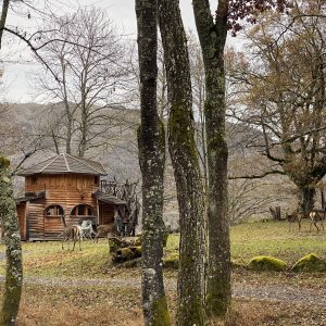 Cabane en bois au milieu des arbres, avec des cerfs paissant à proximité.