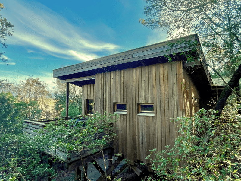 Cabane en bois perchée, entourée de verdure, avec un ciel dégagé en Languedoc-Roussillon.