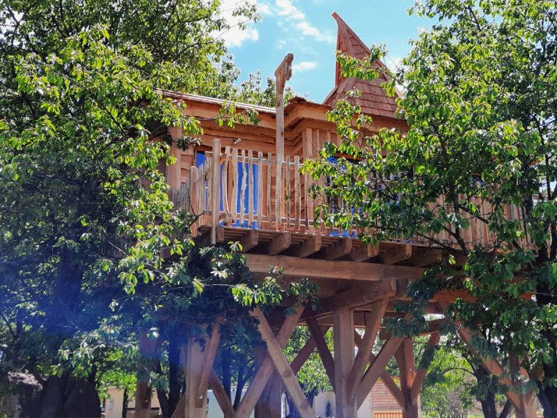 Cabane dans les arbres, perchée entre les feuillages, offrant une vue panoramique.