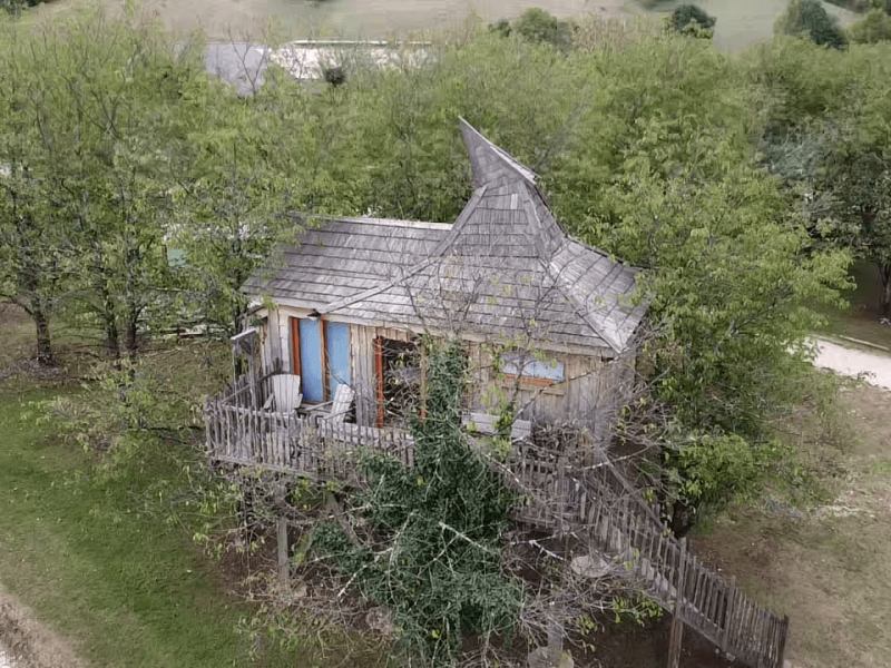 Cabane perchée en bois, entourée darbres, avec un toit original en pente.