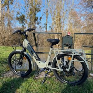 Vélo électrique près dun hébergement au bord de leau, entouré de verdure.