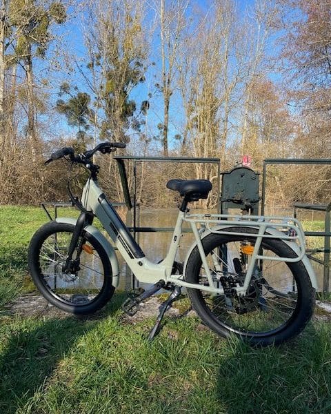 Vélo électrique près dun hébergement au bord de leau, entouré de verdure.