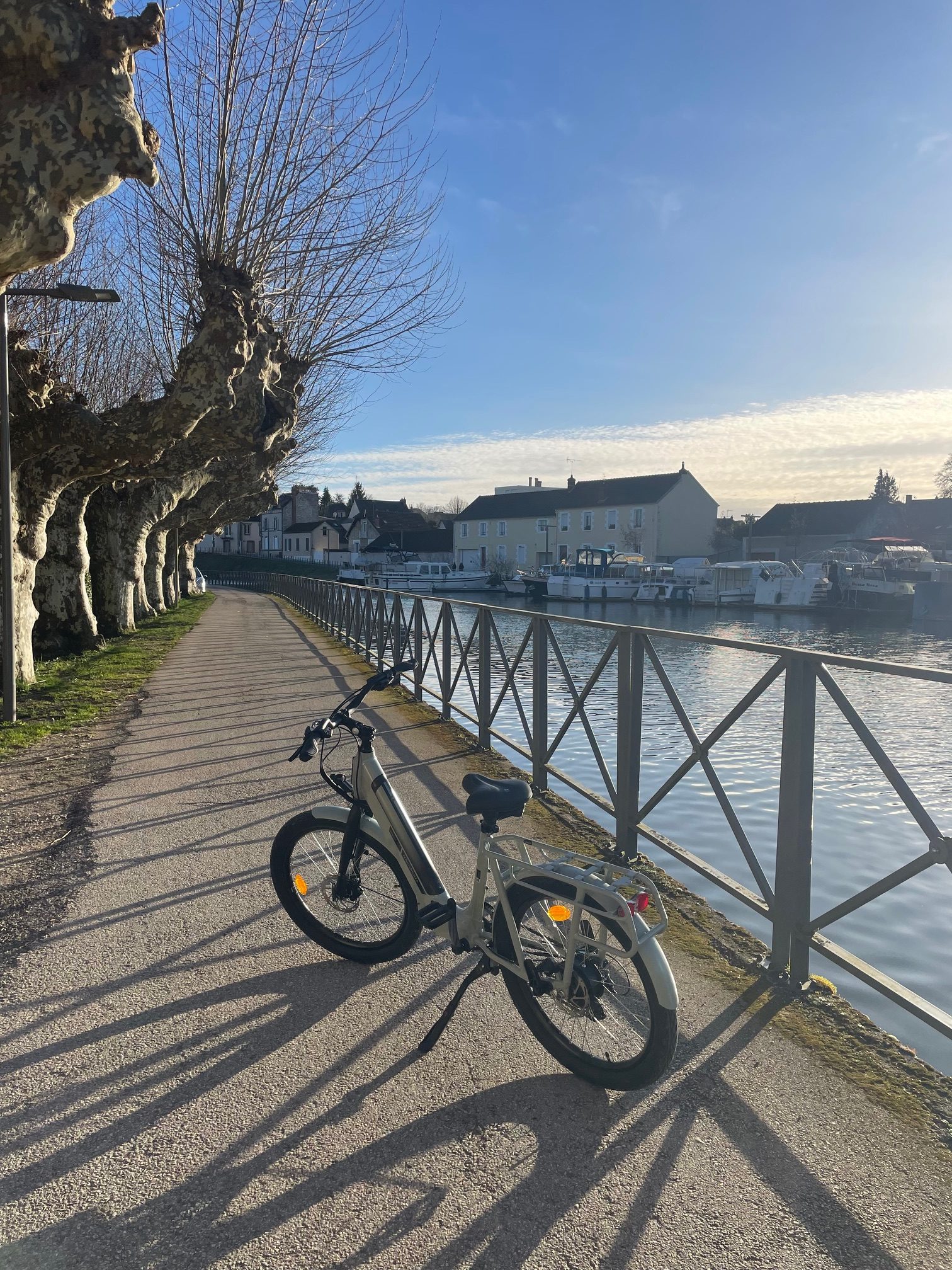 Option velos electriques Hébergement insolite à Centre : un vélo électrique au bord dun canal ensoleillé.