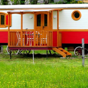 Charmant roulotte colorée, entourée de fleurs sauvages dans un cadre verdoyant.