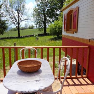 Charmante roulotte avec terrasse en bois et vue sur la nature verdoyante.