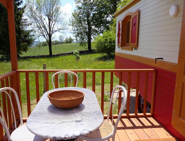 Charmante roulotte avec terrasse en bois et vue sur la nature verdoyante.