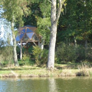 Cabane perchée en Auvergne, entourée darbres, au bord dun étang paisible.