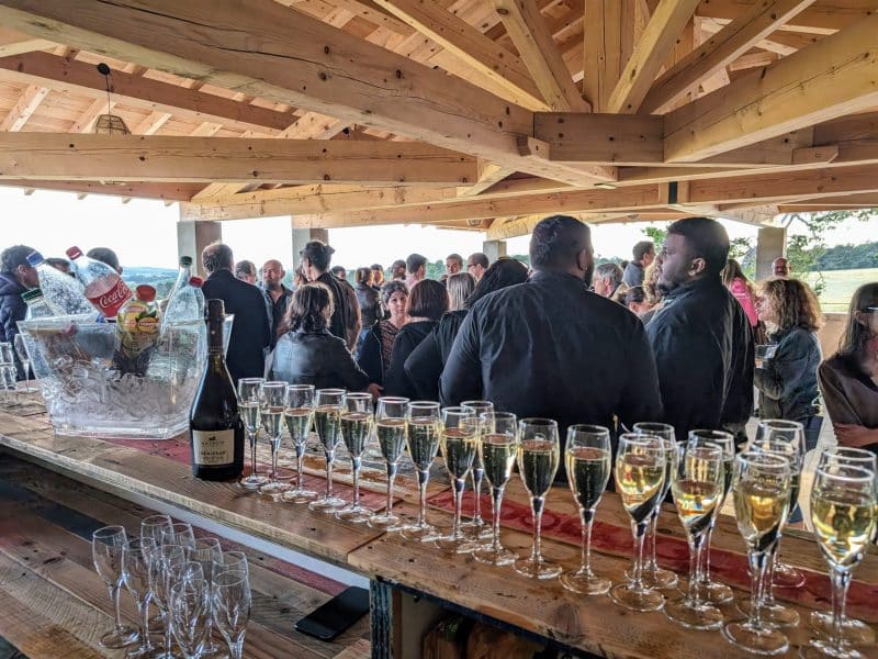 Bar en plein air avec des invités, champagne et vue sur la nature environnante.