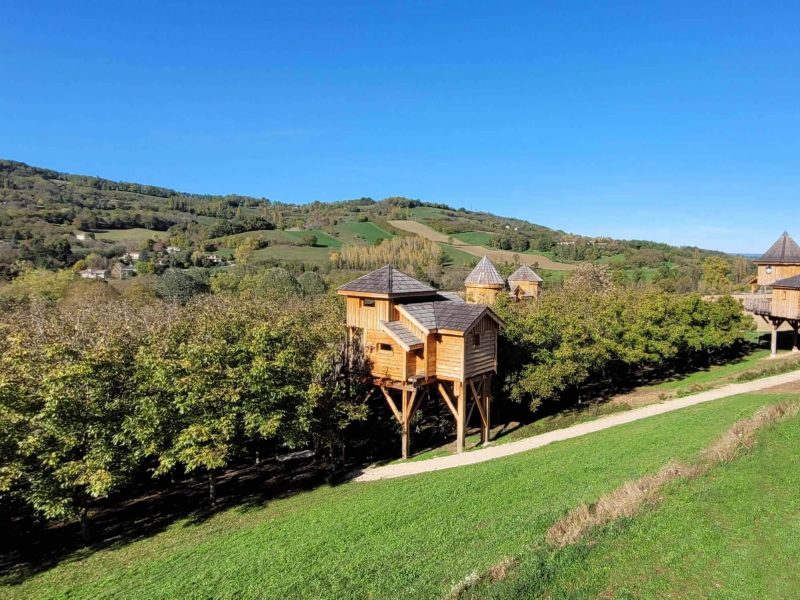 Cabane dans les arbres en bois, perchée au milieu dune verdoyante colline.