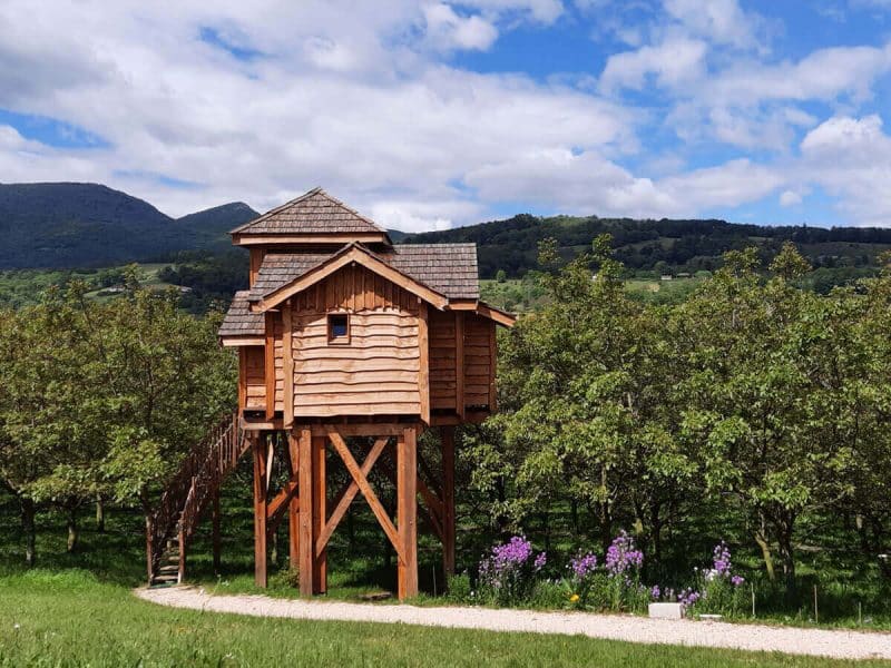 Cabane en bois perchée, entourée darbres et de fleurs, avec vue sur les montagnes.