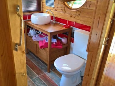Salle de bain en bois dun hébergement insolite en Auvergne-Rhône-Alpes, avec lavabo design.
