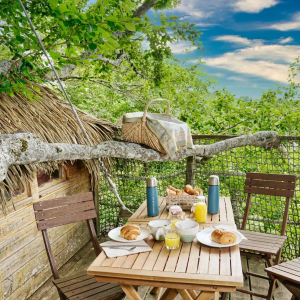 Cabane dans les arbres avec table en bois, petit-déjeuner en plein air et vue verdoyante.